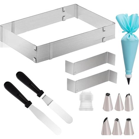 Stainless Steel Adjustable Rectangular Pastry Circle with Dividers - Flexible Cake Mould (8cm Height) - Baking Kit for Layer Cake, Mousse (1/5)