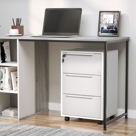 Mobiletto portadocumenti con ruote, 3 cassetti, serratura e 2 chiavi per studio/soggiorno, 40x40x63,5 cm, bianco e grigio