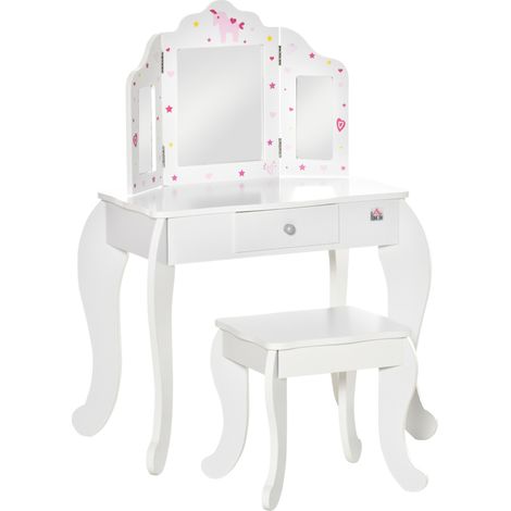 Tavolo da trucco per bambini con sgabello, specchio a tre ante e cassetto scorrevole - Dimensioni del tavolo da trucco: 63L x 40W x 85,5H cm