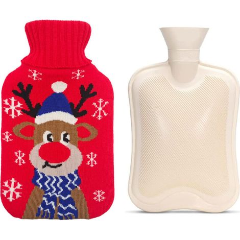 Hot water bottle/heating pad - with knitted cover - warm - deer pattern, 2000ml