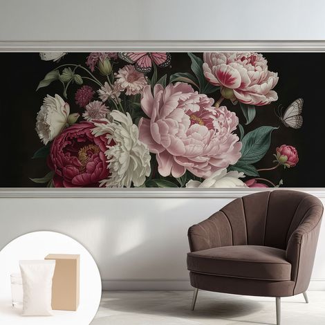 Tapete Vliestapete mit Kleber - Wanddekoration - Wandfolie - 3D Tapete Wand - Wohnungsdeko Pfingstrosen und Schmetterlinge 250x104 cm