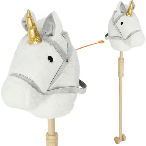 Tête 95 cm de cheval avec bâton licorne Sons et roues jouet hauteur, Blanc, bois (1/5)