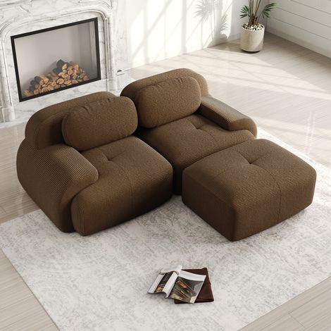 Sofá 2 plazas modular esquinero de pana con respaldo ajustable y reposabrazos curvados color marrón (1/5)