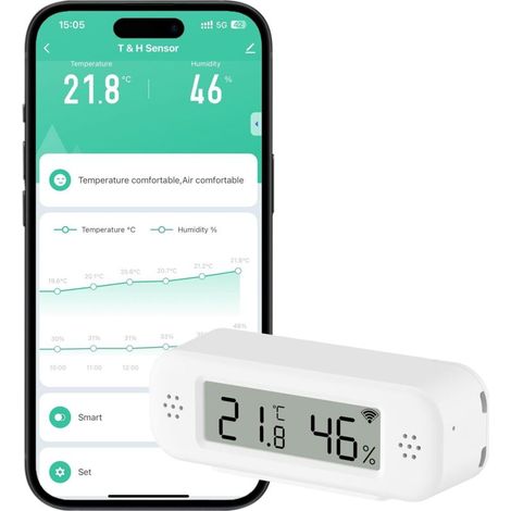Capteur de thermomètre et hygromètre Wifi, capteur de température et d'humidité avec alarme de notification d'application à distance, compatible avec Alexa(1 pièces) (1/5)