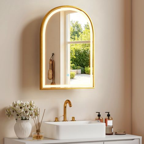 Armoire murale miroir LED 50x14.5x70 cm doré, porte arquée, anti-buée, design luxueux moderne et lumineux (1/5)
