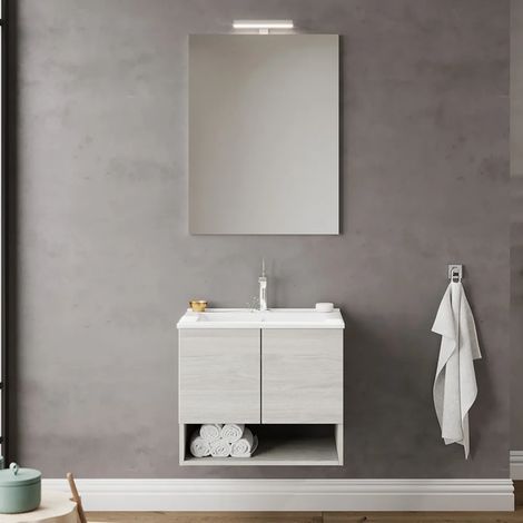 Mobile bagno sospeso 60 rovere grigio con lavabo e specchio LED Oslo (1/5)