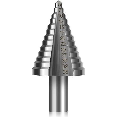 Foret Fraise Meche Etage, Foret Étagé Fraise Conique à Double Fente (5mm-35mm) avec Revêtement Titane, Solide, Parfait Pour Visseuse Percage sur Acier Bois, Plastique, Laiton, Aluminium, PVC (1/5)