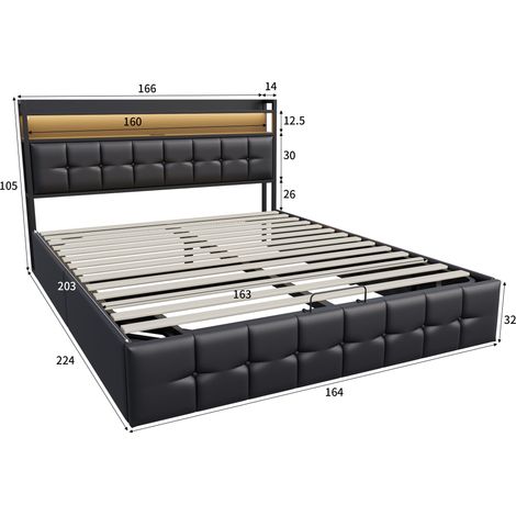 Lit coffre 160x200 cm avec sommier à lattes, lit double capitonné, tête de lit avec rangement, éclairage LED RGB, USB/ C, PU - Noir