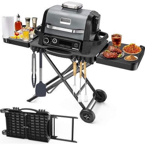 Chariot de barbecue pliable, chariot de cuisine extérieur mobile avec plan de travail en acier inoxydable, roues, 2 étagères et 6 crochets (1/5)