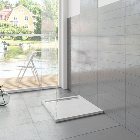 Piatto Doccia Quadrato 80x80x3cm in Pietra Vulcanica e Resina Mista finitura Pietra Bianca Ruvida Ultraslim Antiscivolo Antibatterico (1/3)
