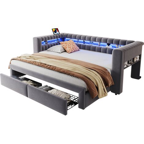 Lit Gigogne 1 Place, 2 Tiroirs, Rangement, LED Réglable et USB Type-C, 90 x 190 cm, sans Matelas, Gris (1/5)