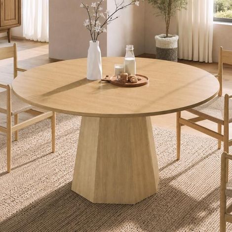 Table à manger 120 x 120 cm format rond 4 à 6 places design classique style scandinave minimaliste coloris chêne (1/5)