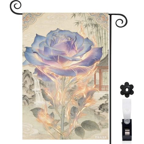 Drapeau vertical clôture en bois et rose aquarelle 30 x 45 cm décoration saisonnière cour (1/5)