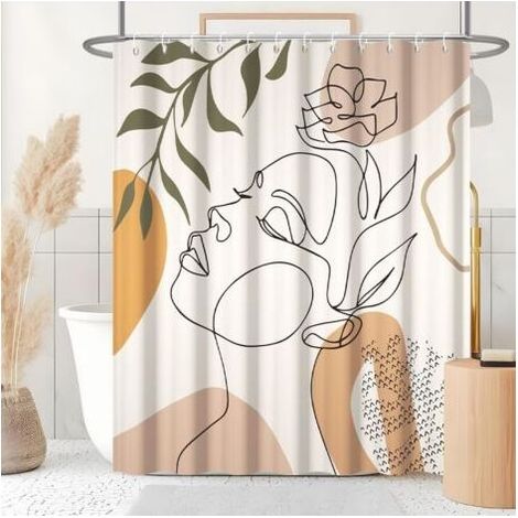 Rideau Douche Anti Moisissure, Rideau de Douche Orange 180x180cm Tissu Lavable Boheme Rideaux de Baignoire Visage Abstrait Feuilles Vert Imperméable Rideaux Salle de Bain avec 12 Crochets (1/4)