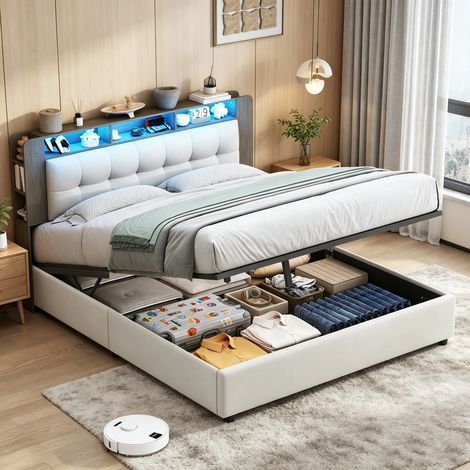 lit 140 x 200, Lit double, Coffre de rangement, avec chargement sans fil+LED, Sommier Inclus, Chambre moderne, Blanc cassé, velours (1/5)