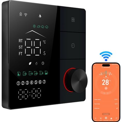 Smart thermostat, digital settings, with AI smart learning remote control for energy-efficient underfloor heating, LED touchscreen, black (1/5)
