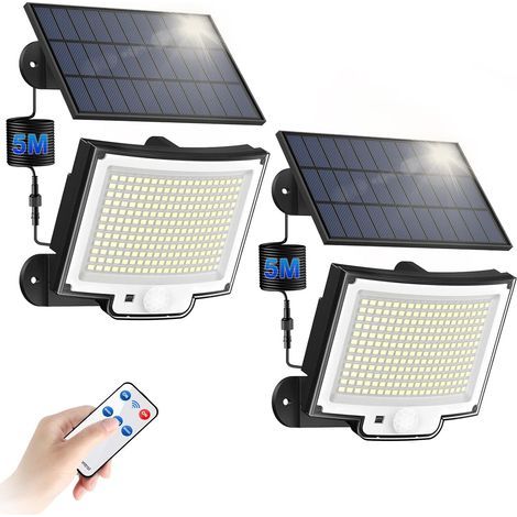 Set of 2 outdoor solar spotlights with 328 LEDs, remote control, 3 modes, motion detector, 5m cable, for patio or garden (1/5)