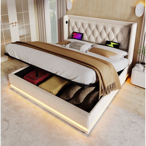 Letto contenitore 180x200 cm con USB Type-C e LED, in cotone beige DESVIAE (1/5)