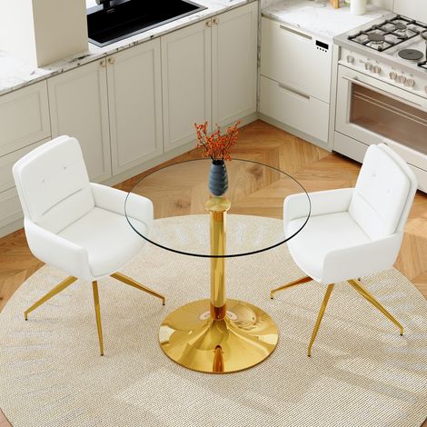 Esstisch- und Stuhl-Set Glas/PU-Leder Transparent Weiß-Gold Ø85x76 cm mit 2 Drehstühlen 360°, MIVRAY