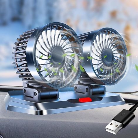 USB 5V Car Fan, Dual Head, 360 Degree Rotating, 3 Speeds, for SUV, RV, Truck (1/5)