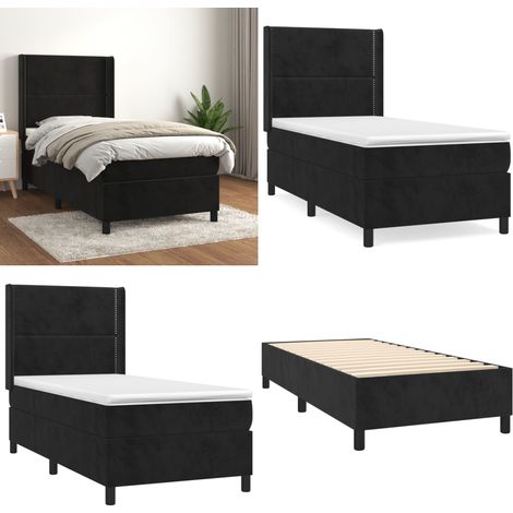 Sommier à lattes de lit avec matelas Noir 90x200 cm Velours - Lit Double - Lit Capitonné - Lit Velours - Literie - Chambre À Coucher - Home & Living (1/5)