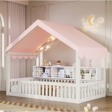 Letto a casetta 90x200 cm in legno bianco con baldacchino, luci LED e libreria, sponda di sicurezza (1/5)