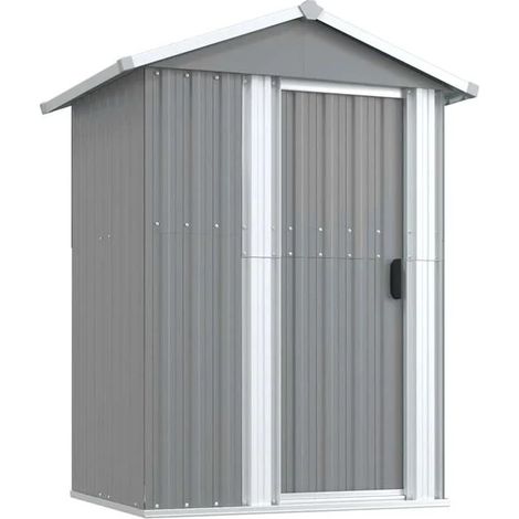 Cabane de jardin grise, mesurant 126 x 97,5 x 177 cm, en métal galvanisé. (1/5)