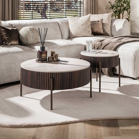 Lot de 2 tables basses rondes effet pierre, bois et métal bronze (1/5)