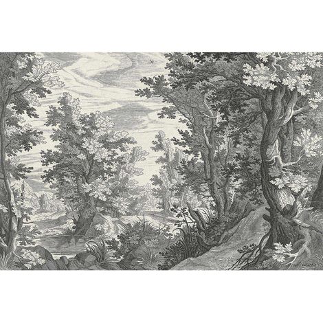 Papier peint panoramique forêt féerique Tapisserie panoramique arbres gris pour chambre enfant Papier peint panoramique nature moderne (1/2)