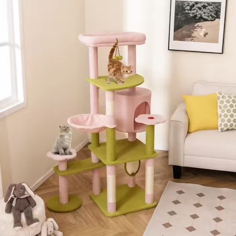 50 cm großer Sisal-Kratzbaum mit Nischen, Plüschplattformen und Spielzeug – Beige und Braun