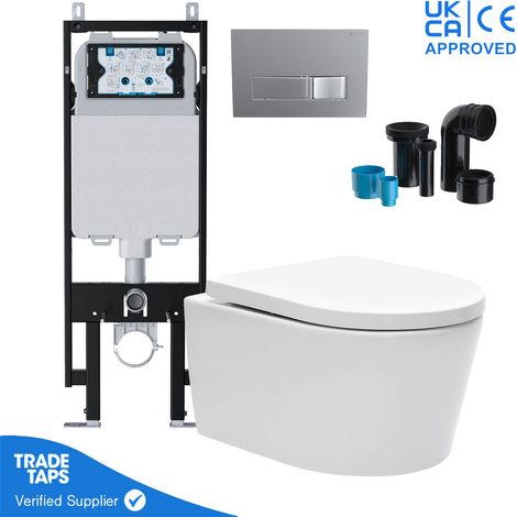 Luxury Wall Hung Rimless Toilet Pan with VIVA Slim Concealed Cistern Frame 1.14-1.35m & Square Chrome Flush Plate (1/5)