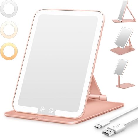 Miroir Maquillage Lumineux Rechargeable, Pliable et Portable, OrRose (1/5)