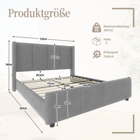 Cadre de lit capitonné élégant et moderne de 140 x 190 cm, tête et pied de lit hauts, port USB certifié, structure en fer et sommier en bois, stable et durable, gris (1/5)