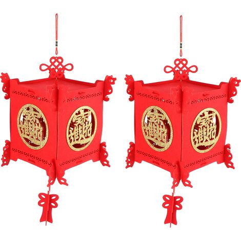 2 Lot Lanternes Traditionnelles avec Caractères Richesse et Chance Nœud de Chance Décoration Jardin Nouvel An Chinois