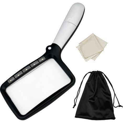 Loupe avec lumière, 3 x pliable rectangulaire loupe de lecture avec 5 LED éclairées avec 2 modes pour personnes âgées, enfants, travaux manuels, horlogers, journaux, bijoux (1/5)