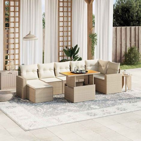Ensemble de jardin 8 places en résine tressée beige avec coussins lavables - Table extensible acacia et mobilier modulaire (1/4)