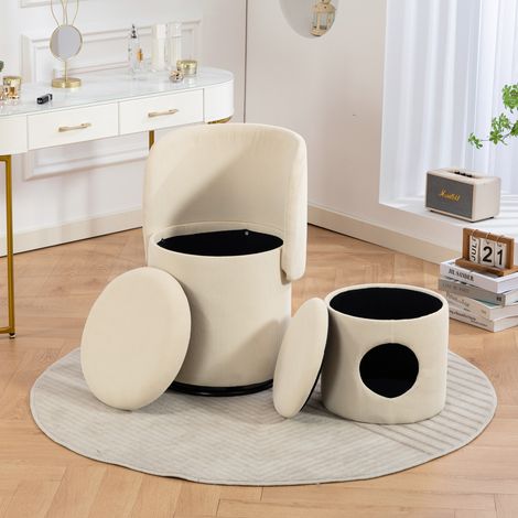 Sillón giratorio 360° tapizado con almacenamiento en pana beige OKWISH (1/5)
