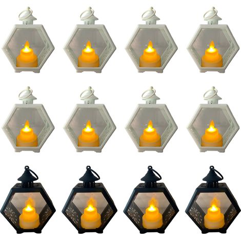 Lanterne décorative suspendue à LED pour bougies, 14,5 cm - Lot de 12, blanc et noir (1/5)