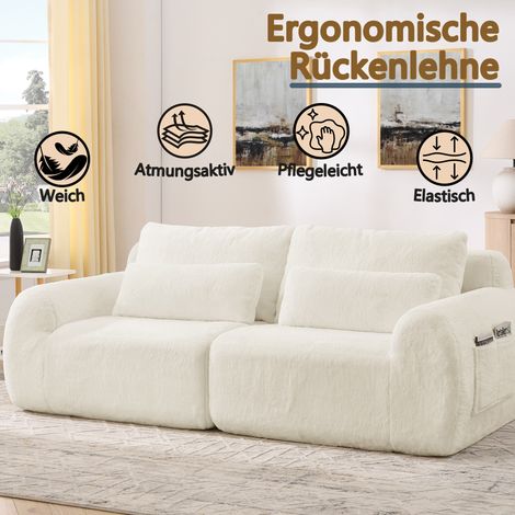 Canapé 2 places beige, dossier haut rembourré, fausse fourrure douce imitation lapin, avec port USB et poche latérale pour magazine, pour petit salon, appartement, bureau, chambre