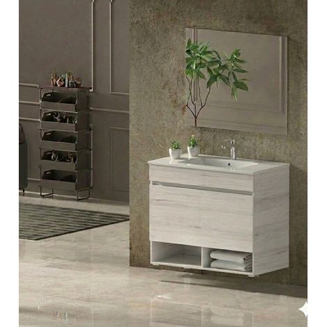 Badmöbel Set NEBARI Vormontiert 1 Schublade, Waschbecken und Spiegel Weiß Nordik 100x40 cm