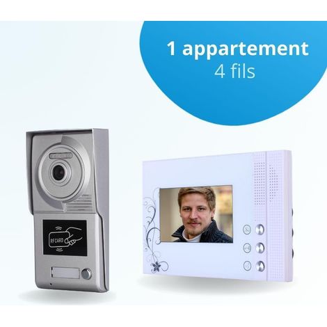 Portier interphone vidéo CLASSIC 4 Fils - 1 appartement - 1 écran blanc - avec lecteur de badge