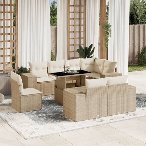 Salon de jardin modulable avec coussins beige en résine tressée pour terrasse et patio, ensemble de meubles d'extérieur résistants aux intempéries (1/5)