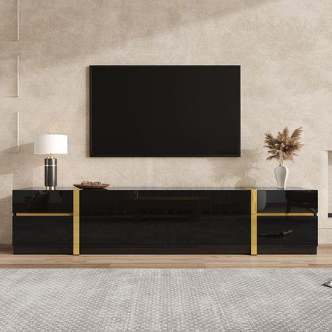Meuble TV MDF et panneaux de particules noir brillant 180x40x38 cm, 4 tiroirs, 2 portes, bords dorés (1/5)