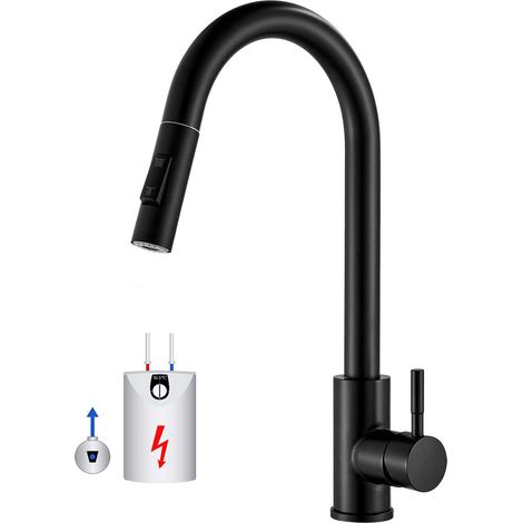 Mitigeur Robinet de cuisine basse pression noir avec douchette extensible haute pression pivotant à 360° en acier inoxydable 2 types de jet d'eau (1/5)