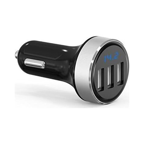 El nuevo mini cargador para coche GRK - 3 puertos USB iSmart QC 3.0-5V/4.8A - Función de voltímetro con indicador LED de nivel de batería - Compatibilidad universal (3 USB/plata) (1/5)