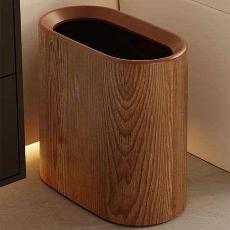 Poubelle ovale étroite sans couvercle imitation noyer chaleureuse, 12L plastique résistant, corbeille à papier gain de place pour interstice salon, cuisine et salle de bain, poubelle domestique design (1/5)