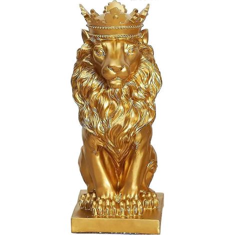 Statue de lion vintage en résine, ornée d'une couronne dorée, décoration animale en résine, objet de décoration de bureau, dimensions 5,5 x 7,5 x 13,8 pouces.