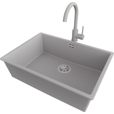 PRIMAGRAN Evier Sous Plan 66x47cm,Evier en Granit 1 bac + Robinet 32x20cm + Kit de Vidage, Évier au meuble 70cm - London, Gris (1/5)