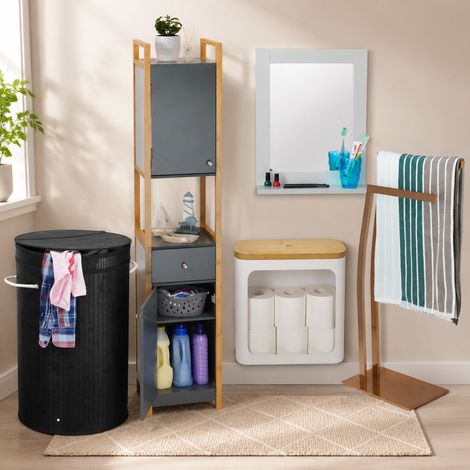 Juego de almacenamiento de baño de bambú (5 piezas): armario alto, cesta para la ropa sucia y toallero. (1/5)