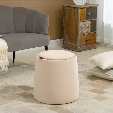 Ottomana redonda con almacenamiento, Ø44 x 47,5 cm, efecto terciopelo beige, DESVIAE (1/5)